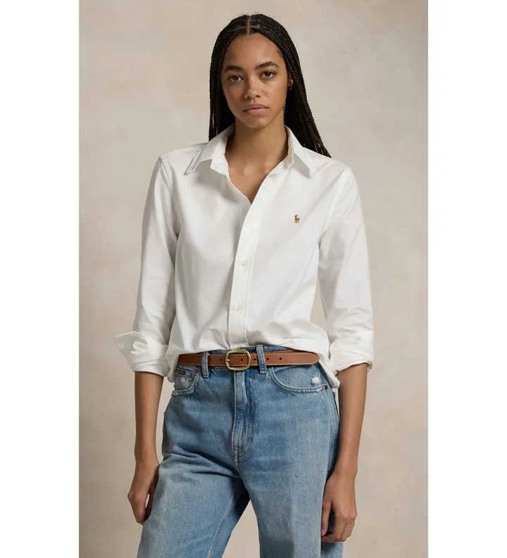Polo Ralph Lauren para mujer. 211941520002 La icónica camisa oxford Stretch Slim blanco (32), Casual, Algodón, Manga larga