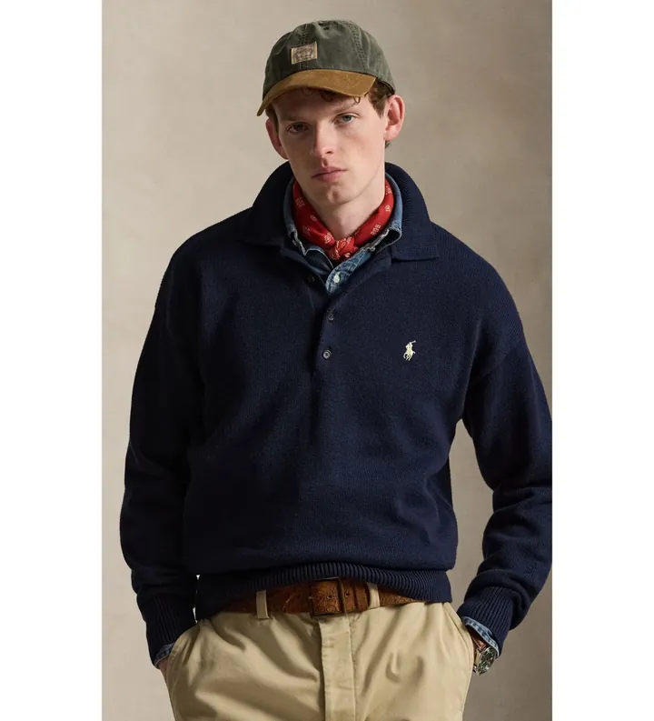 Polo Ralph Lauren para hombre. 710B20258001 Jersey holgado de algodón con bandera marino (L), Casual, Manga larga