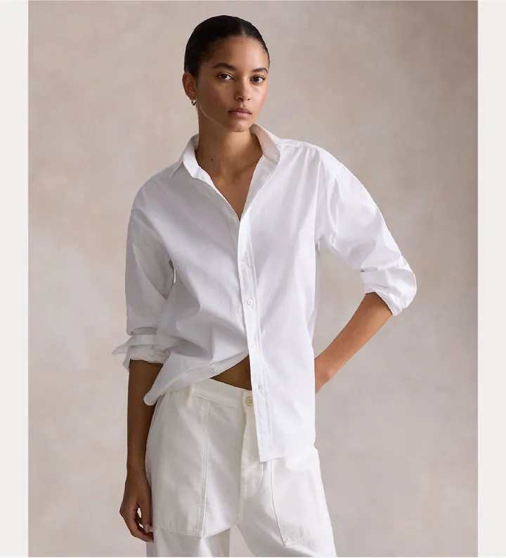 Polo Ralph Lauren para mujer. 211956605001 Camisa de algodón Relaxed Fit blanco (L), Clásico, Manga larga