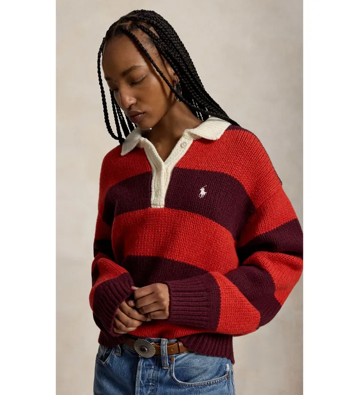 Polo Ralph Lauren para mujer. 211B17752002 Jersey de rugby de mezcla de lana rojo (L), Casual, Granate, Manga larga