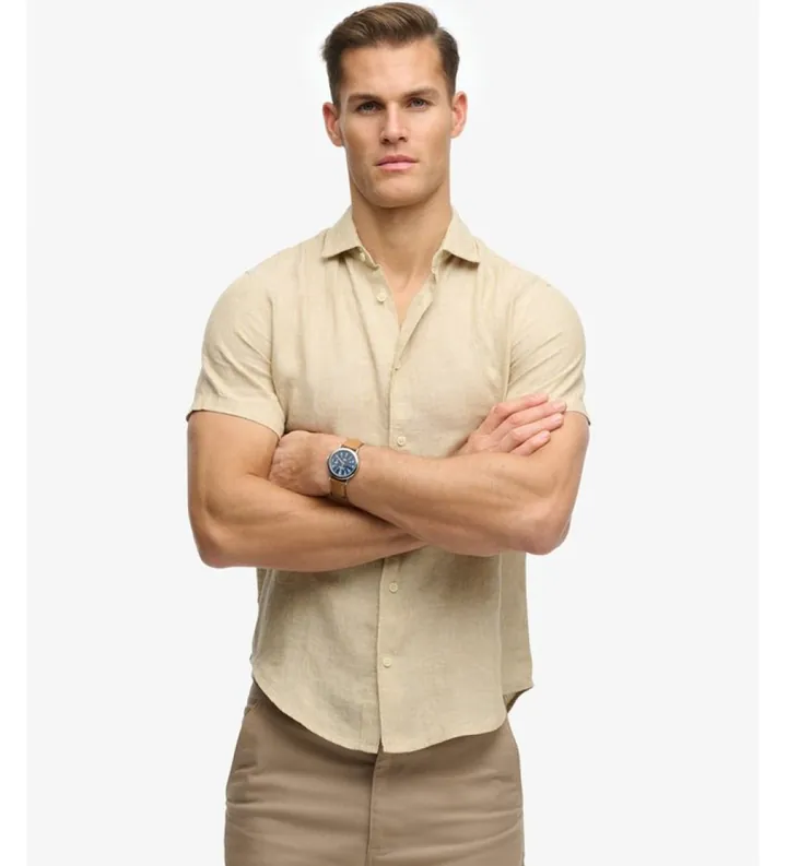 Superdry para hombre. M4011104A Camisa Riviera beige (M), Casual, Lino, Manga corta