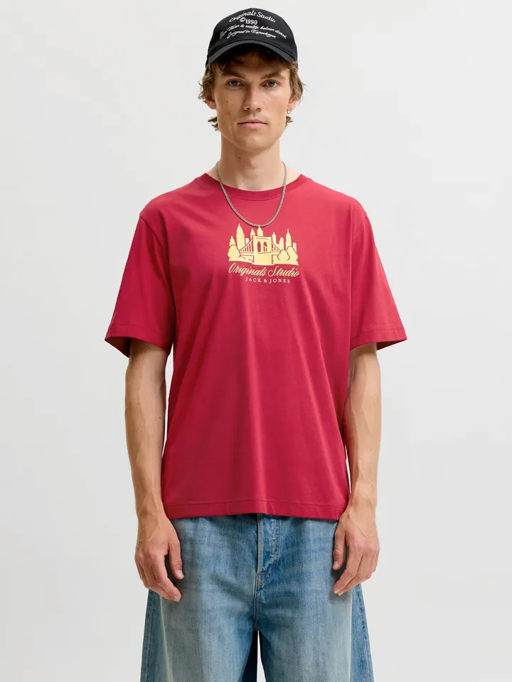 JACK & JONES Camiseta 'JORNORREBRO SKYLINE' amarillo claro / rojo
