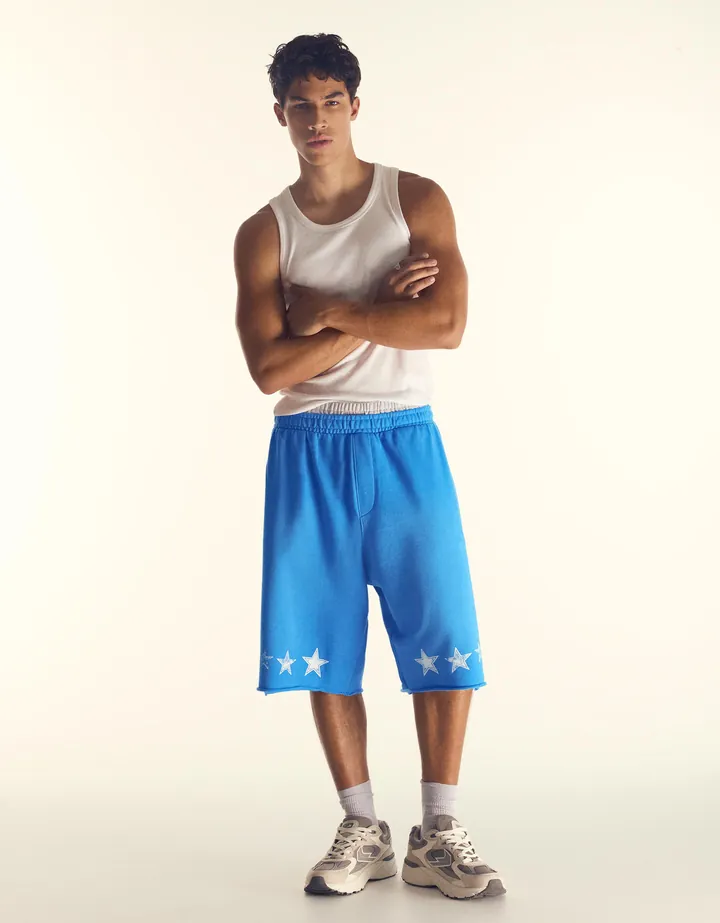 Bershka Bermuda Doble Cinturilla Print Hombre L Azul