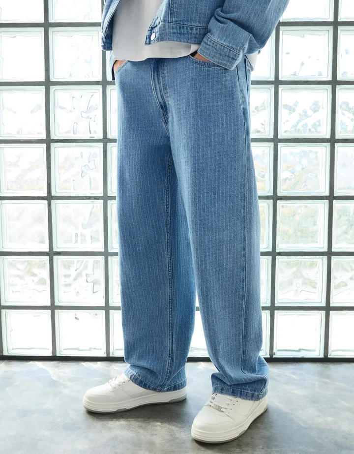 Bershka Jeans Textura Cuadros Hombre 34 Azul Claro