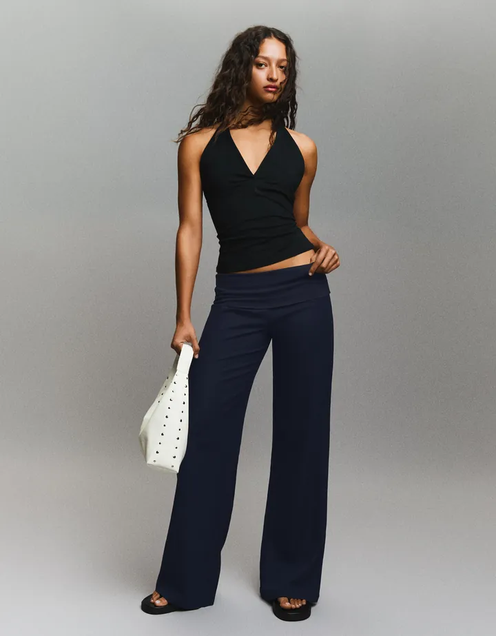 Bershka Pantalón Cintura Vuelta Mujer L Marino