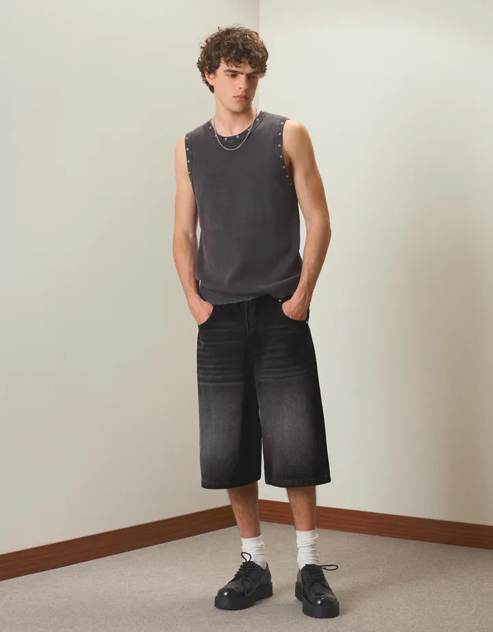 Bershka Bermudas Denim Baggy Hombre 34 Negro