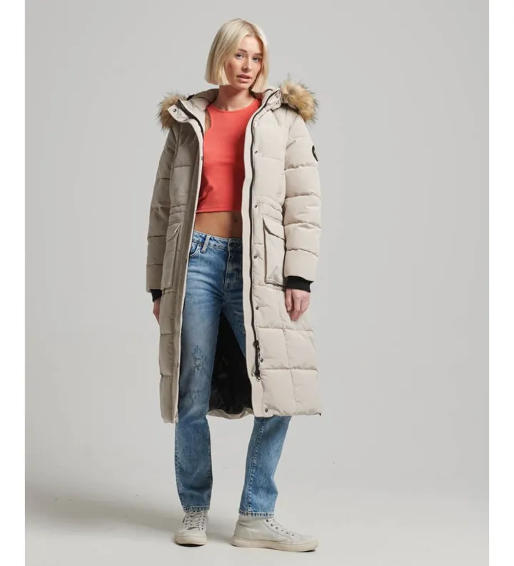 Superdry para mujer. W5011566A Abrigo largo acolchado Everest beige (L), Casual, Poliéster