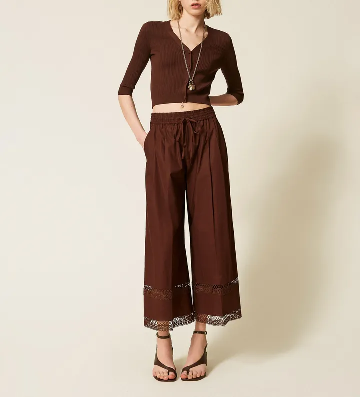Twinset para mujer. 261TT2252 Pantalón ancho de popelina con bordado marrón (42), Casual, Algodón