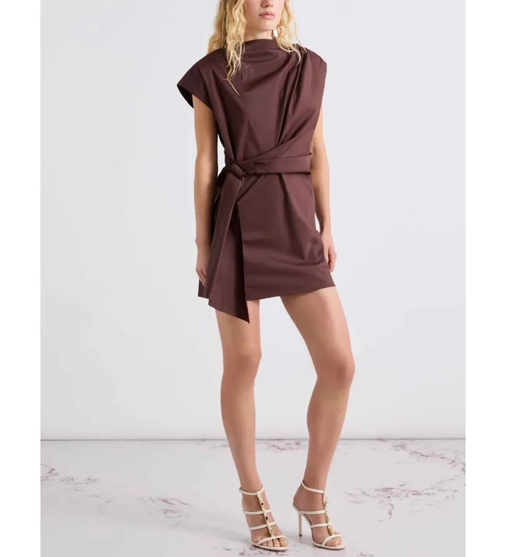 Marella para mujer. 2613221282200 Minivestido con drapeado marrón (38), Casual, Algodón, Manga corta