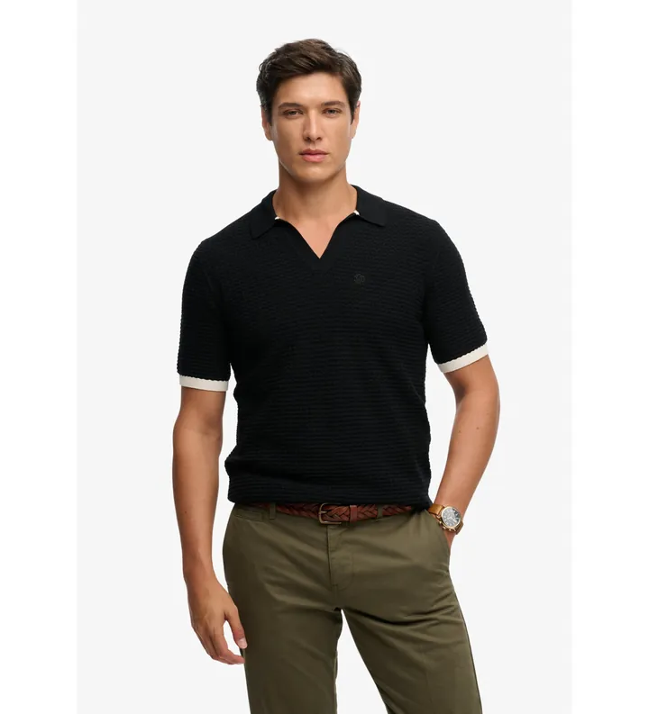 Superdry para hombre. M1110459A Polo Johnny Collar Knitted negro (L), Casual, Algodón, Manga corta