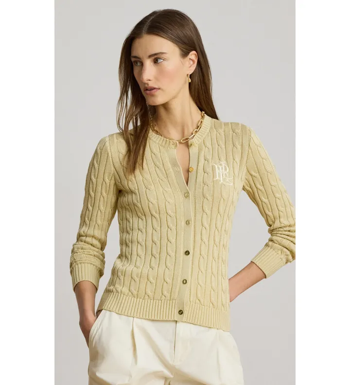 Lauren Ralph Lauren para mujer. 200P14040501 Cárdigan de algodón en punto de ochos beige (L), Casual, Manga larga
