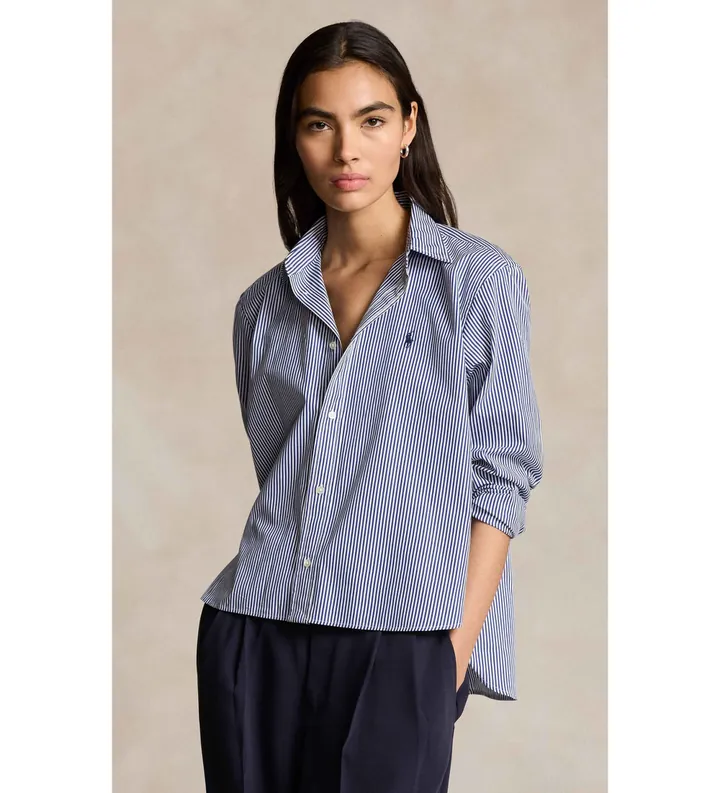 Polo Ralph Lauren para mujer. 211891419001 Camisa recortada de algodón con rayas azul (L), Casual, Manga larga