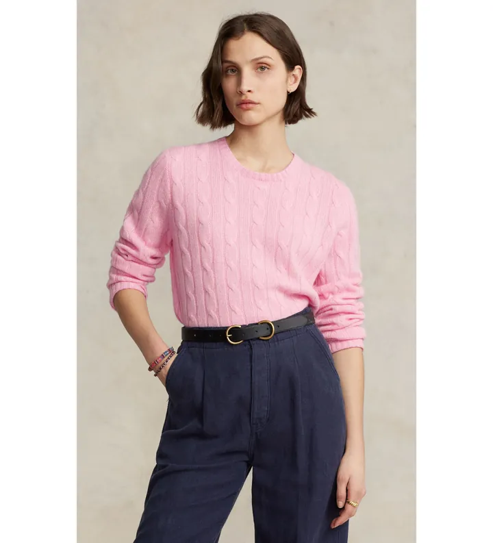 Polo Ralph Lauren unisex. 710876728001 El jersey de cachemira en punto de ochos rosa (L), Casual, Manga larga