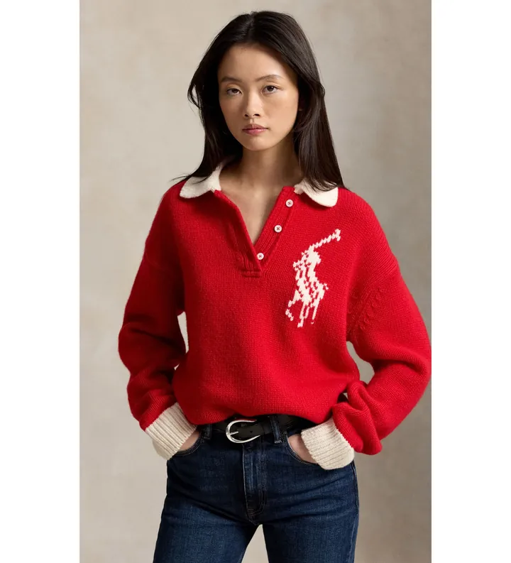 Polo Ralph Lauren para mujer. 211B17749002 Jersey de rugby de lana con Big Pony rojo (L), Casual, Manga larga