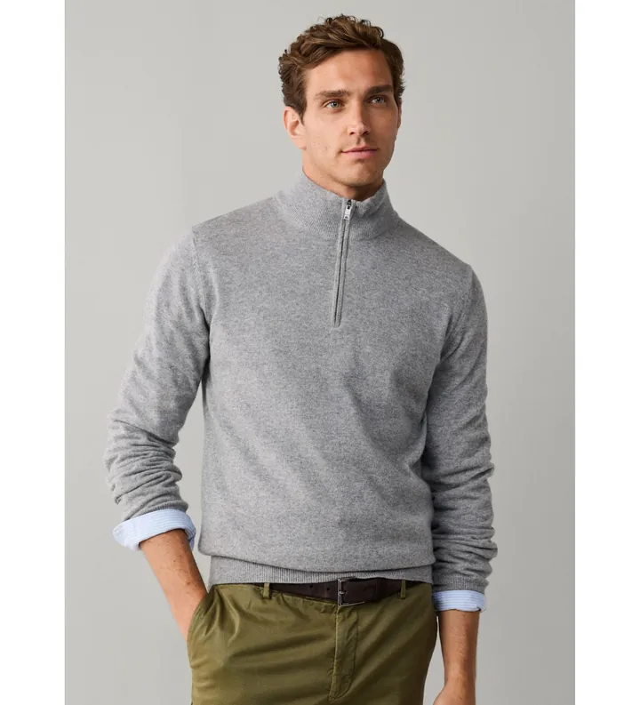 Hackett London para hombre. HM7000243 Jersey con cremallera Merino Cash Mix Hzip gris (L), Casual, Lana, Clásico
