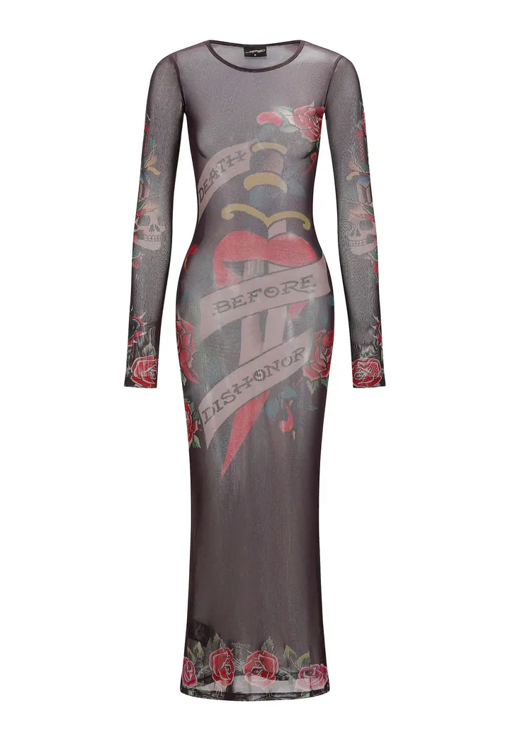 Ed Hardy Vestido 'Death Before Dishonor' chocolate / gris claro / rojo