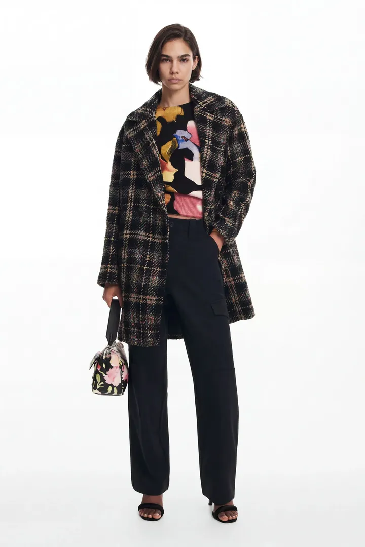 Desigual, Abrigo corto cuadros, Negro, L