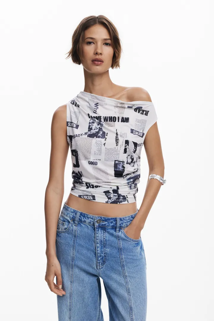 Desigual, Camiseta drapeada periódico, Poliester, Blanco, L