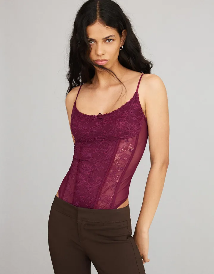 Bershka Body Tirantes Encaje Mujer L Burdeos