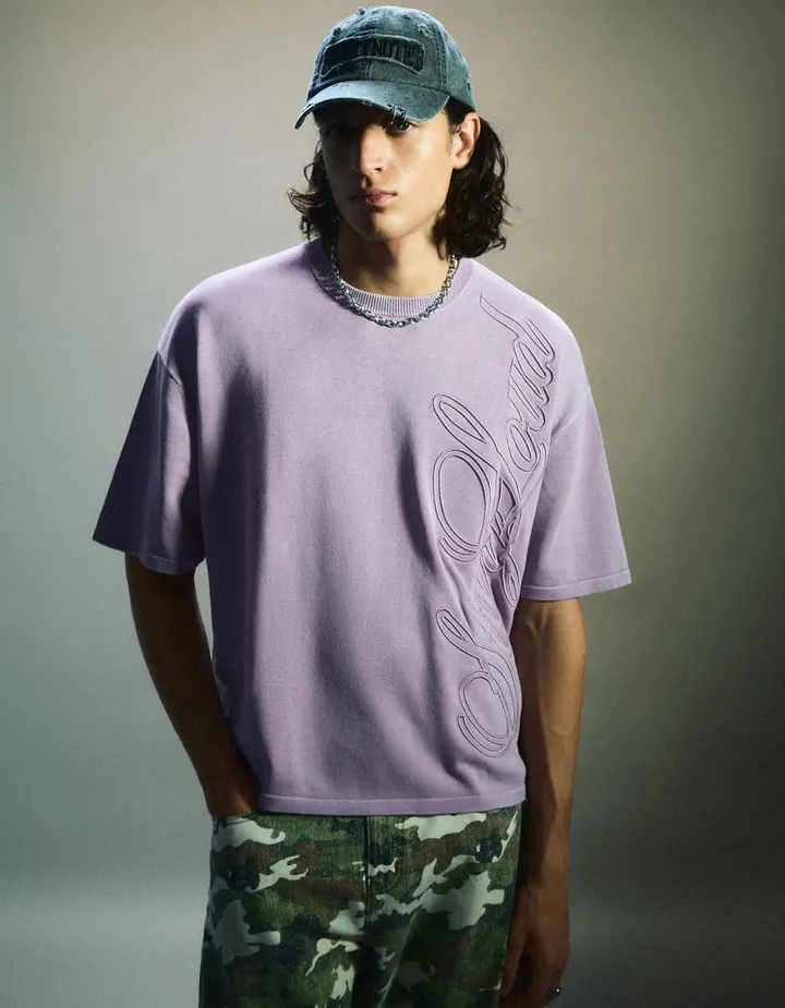 Bershka Camiseta Manga Corta Efecto Lavado Bordado Hombre L Morado