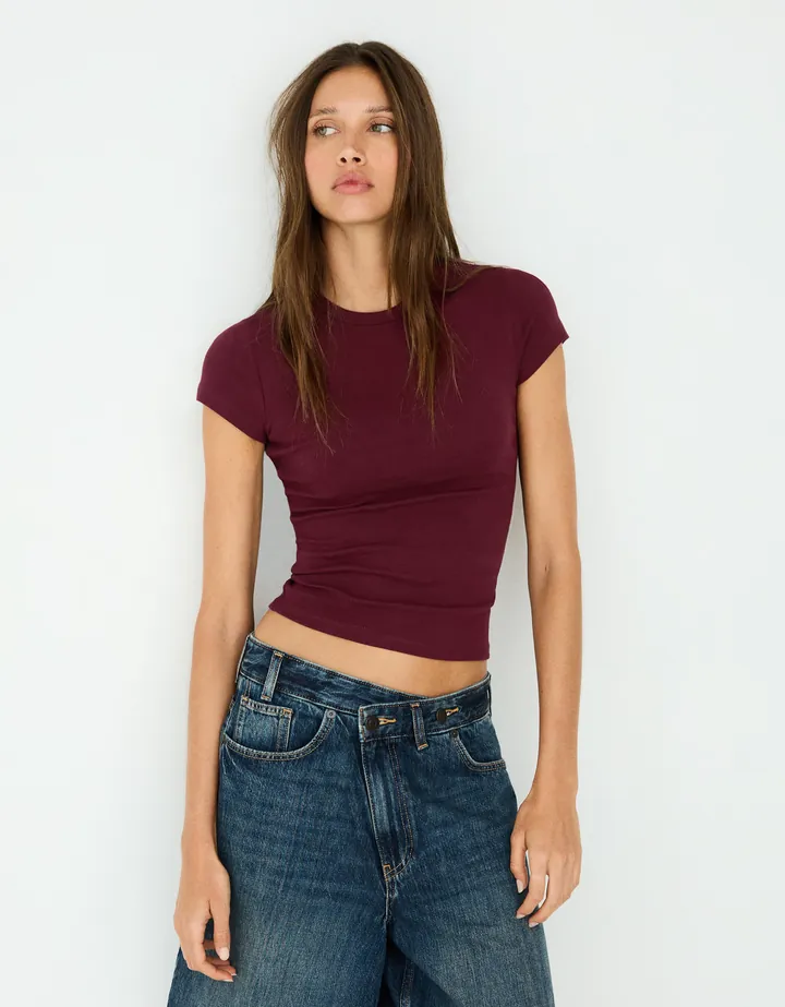 Bershka Camiseta Manga Corta Cuello Redondo Mujer 10-12 Burdeos