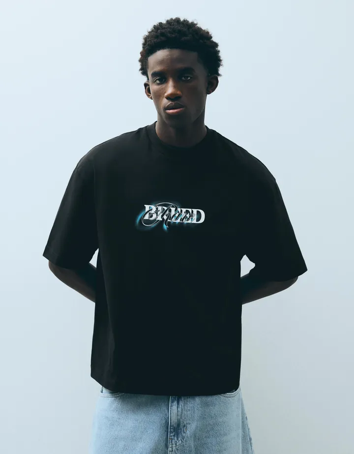 Bershka Camiseta Manga Corta Relaxed Print Hombre L Negro