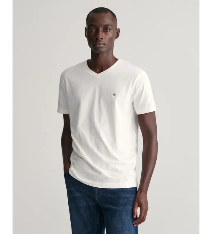 Gant para hombre. 2003186 Camiseta Shield V-Neck blanco (3XL), Casual, Algodón, Manga corta