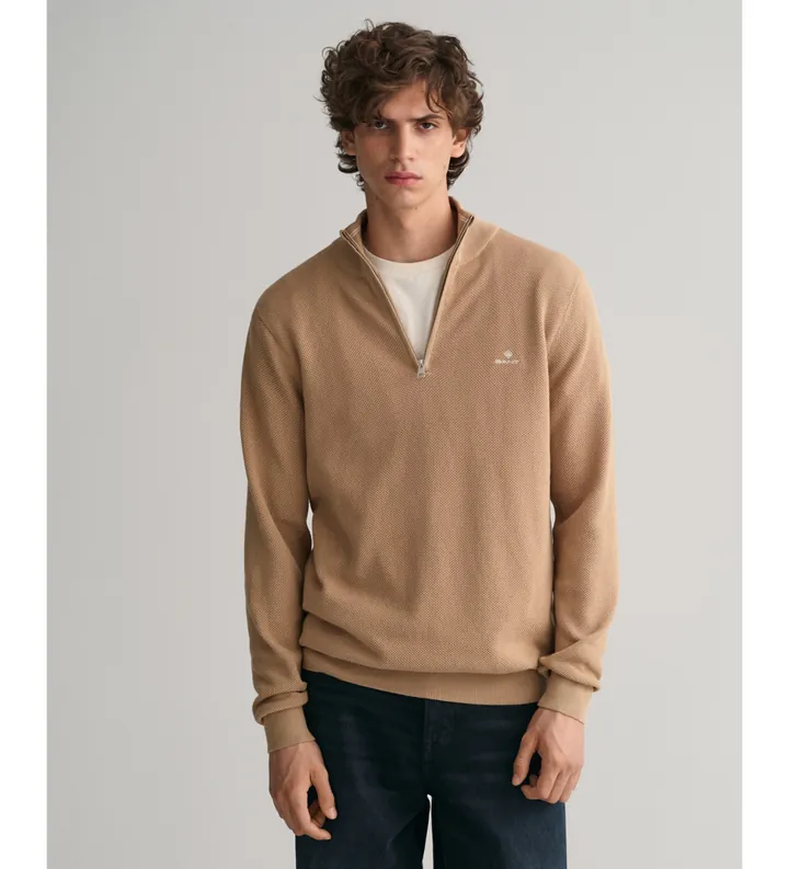 Gant para hombre. 8040523 Jersey de piqué de algodón con media cremallera beige (3XL), Casual, Manga larga