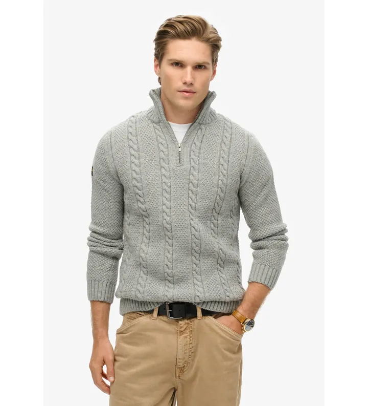 Superdry para hombre. M6110527A Jersey De Punto Trenzado Con Media Cremallera Vintage Jacob gris (S), Casual, Acrílico