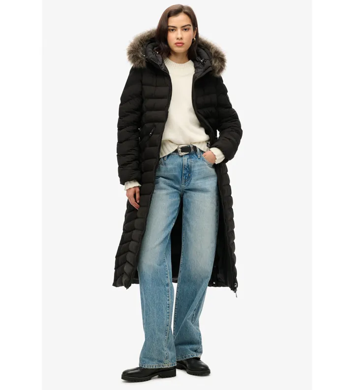 Superdry para mujer. W5011790A Abrigo Fuji Largo negro (L), Casual, Poliéster Reciclado, Sostenible