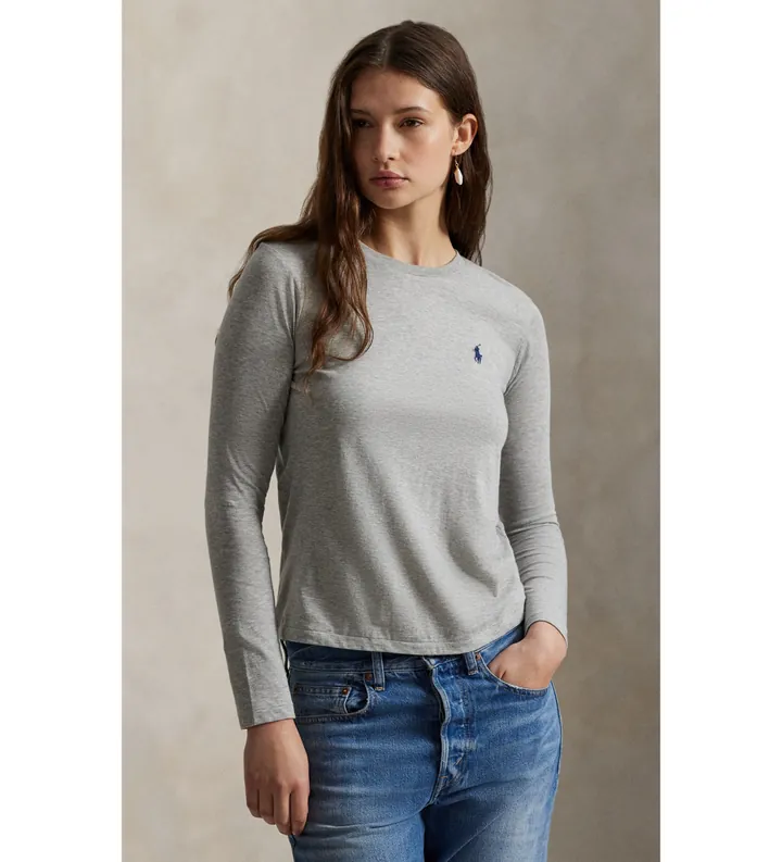 Polo Ralph Lauren para mujer. 211B14604003 Camiseta Classic Fit de punto de algodón gris (L), Casual, Manga larga