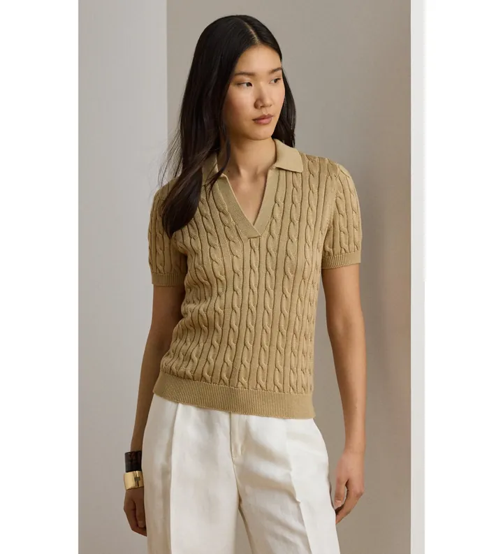 Lauren Ralph Lauren para mujer. 200P14041006 Jersey de algodón en punto de ochos beige (L), Casual, Manga corta