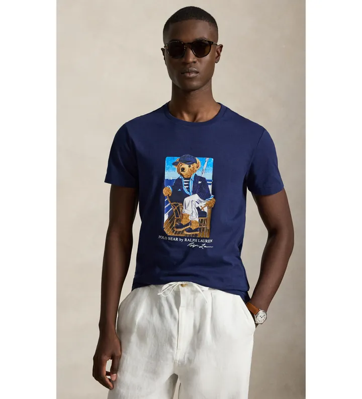 Polo Ralph Lauren para hombre. 710B21964001 Camiseta Custom Slim Fit con Polo Bear (L), Casual, Algodón, Manga corta, Marino