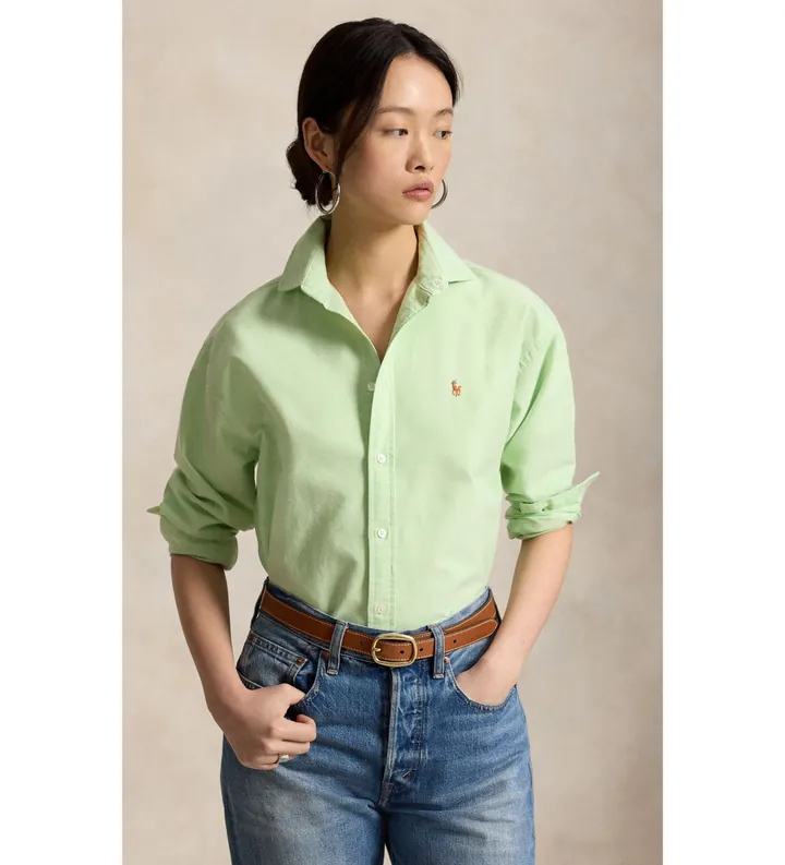 Polo Ralph Lauren para mujer. 211B28999004 Camisa oxford de algodón Relaxed Fit verde (L), Casual, Manga larga