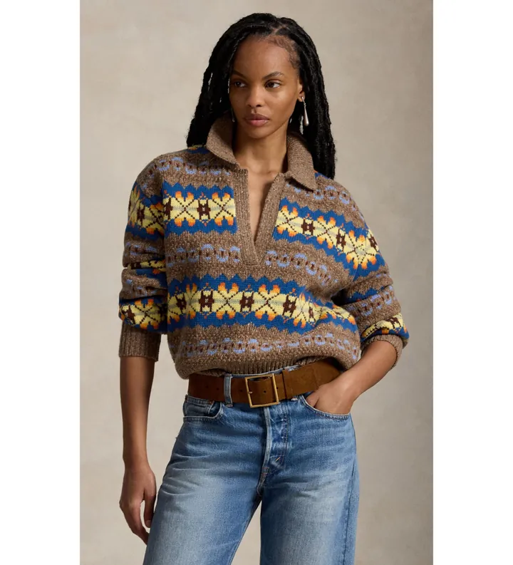Polo Ralph Lauren para mujer. 211B17766001 Jersey de lana con diseño Fair Isle marrón (L), Casual, Manga larga