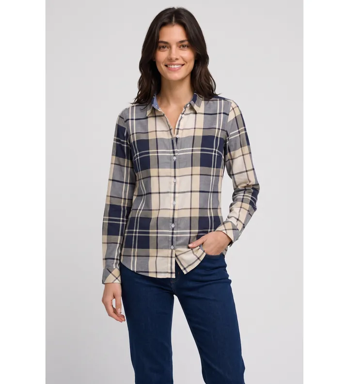 Barbour para mujer. LSH1353 Camisa Bredon beige, marino (L), Casual, Algodón, Manga larga