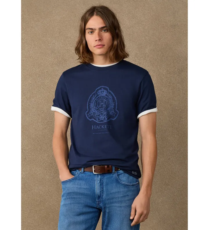 Hackett London para hombre. HM5000148 Camiseta H Logo marino (L), Casual, Algodón, Manga corta