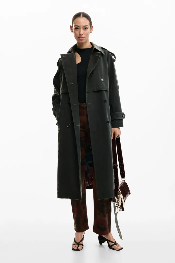 Desigual, Abrigo trench efecto ante, Mujer, Poliuretano, Negro, L