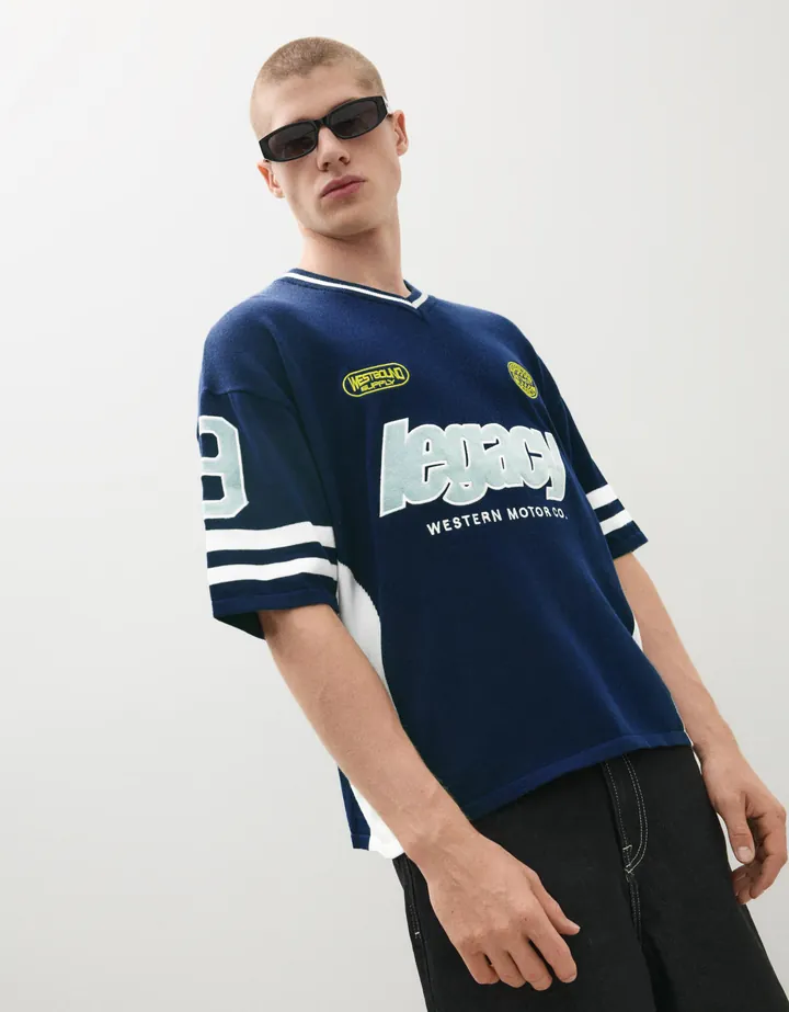 Bershka Camiseta Cuello Pico Print Hombre L Marino