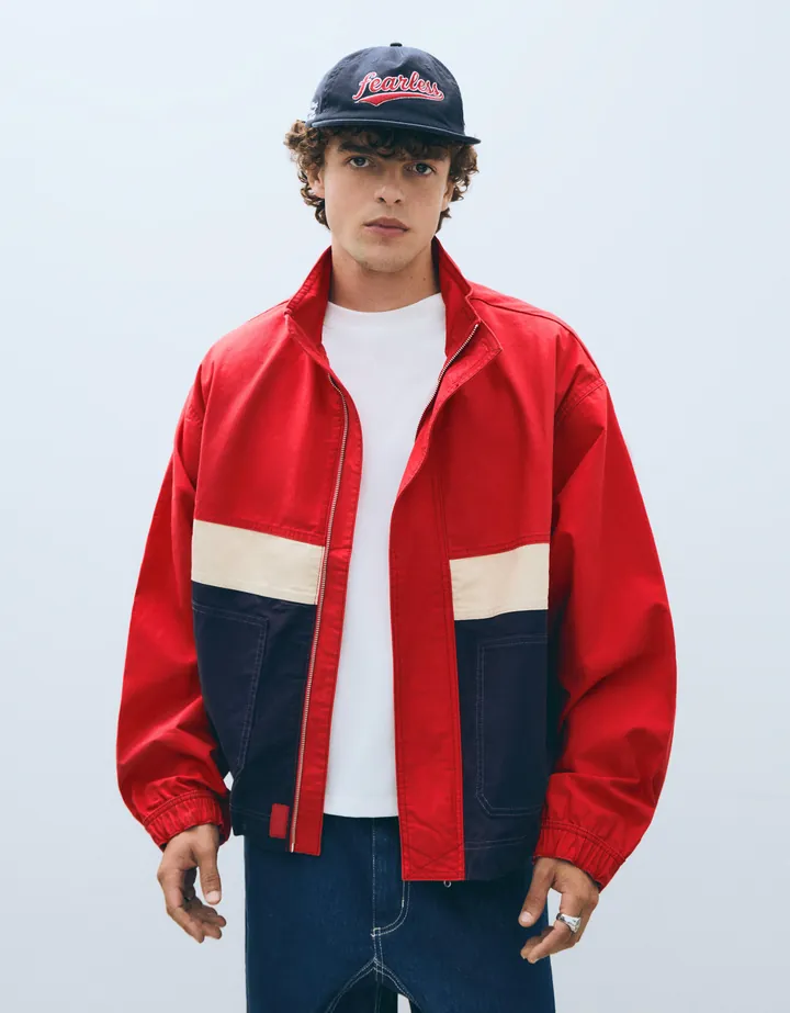 Bershka Chaqueta Cremallera Cortavientos Hombre L Rojo