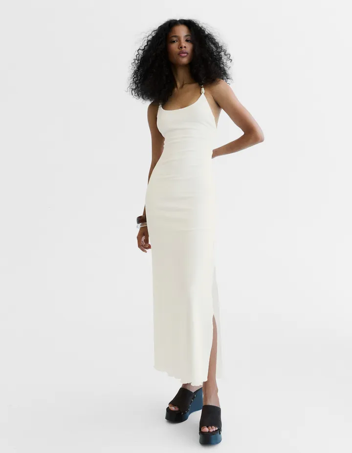 Bershka Vestido Midi Rústico Tirantes Mujer L Crudo