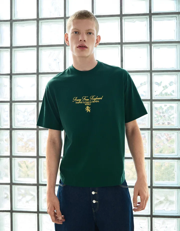 Bershka Camiseta Manga Corta Relax Print Hombre L Verde