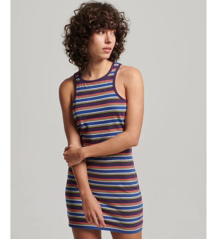 Superdry para mujer. W8011412A Vestido logotipo Vintage Stripe Racer marrón (L), Casual, Lila, Sin mangas / Tirantes, Algodón Orgánico, Sost