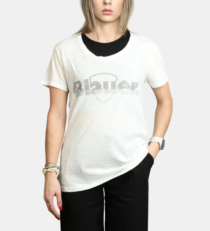 Blauer para mujer. 25SBLDH02372 Camiseta con brillantina Graham blanco (L), Casual, Algodón, Manga corta