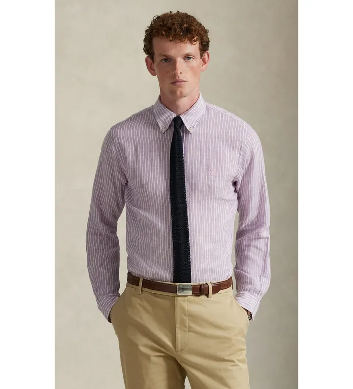 Polo Ralph Lauren para hombre. 710B15594003 Camisa de lino con rayas Custom Fit lila (L), Casual, Manga larga