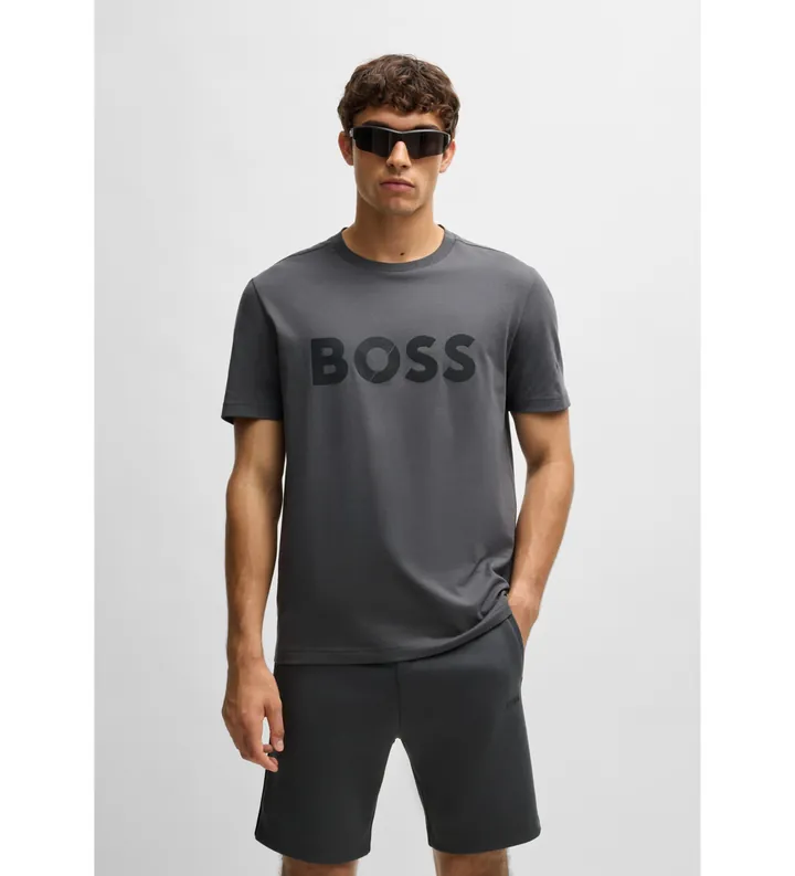 BOSS para hombre. 50530990 Camiseta de punto de algodón con logo grande
gris (XXL), Casual, Manga corta