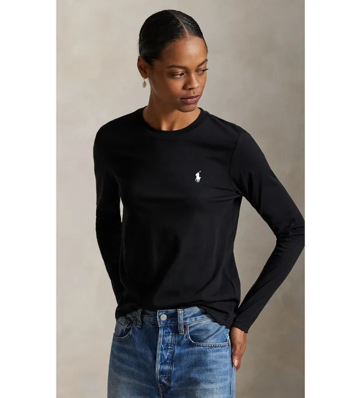 Polo Ralph Lauren para mujer. 211B14604004 Camiseta Classic Fit de punto de algodón negro (L), Casual, Manga larga