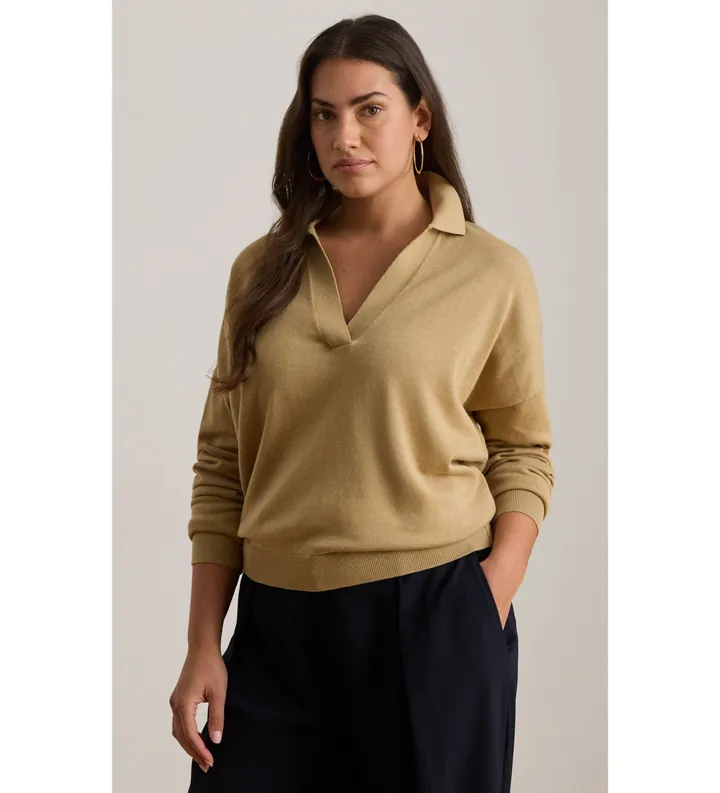 Lauren Ralph Lauren para mujer. 200P14056004 Jersey tipo polo de algodón y modal beige (L), Casual, Manga larga