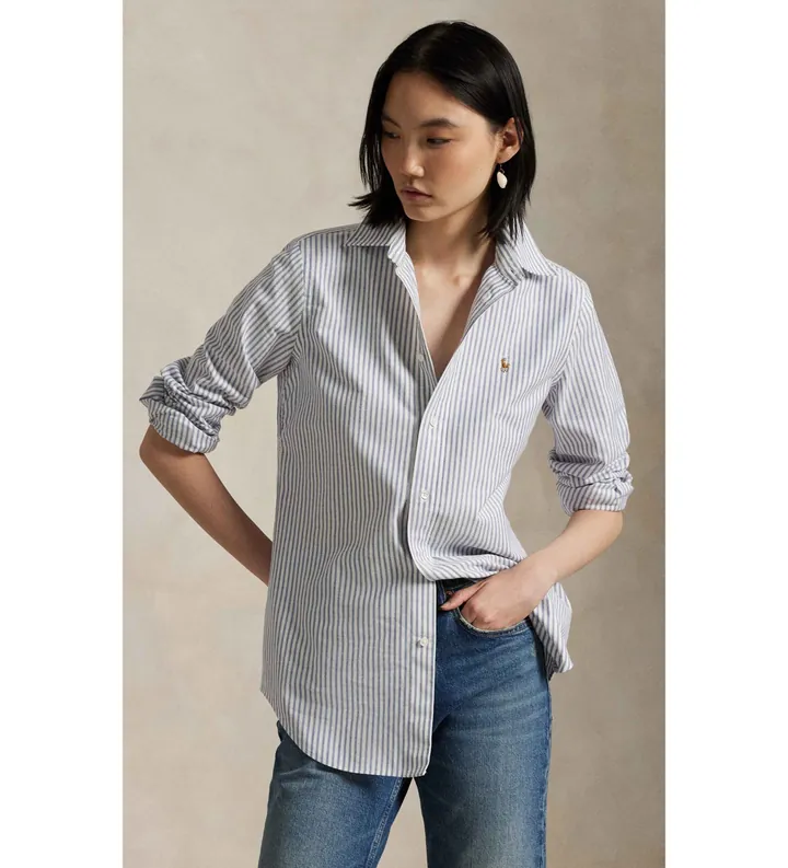 Polo Ralph Lauren para mujer. 211941508001 Camisa oxford Slim elástica con rayas blanco, azul (32), Casual, Algodón, Clásico, Manga larga