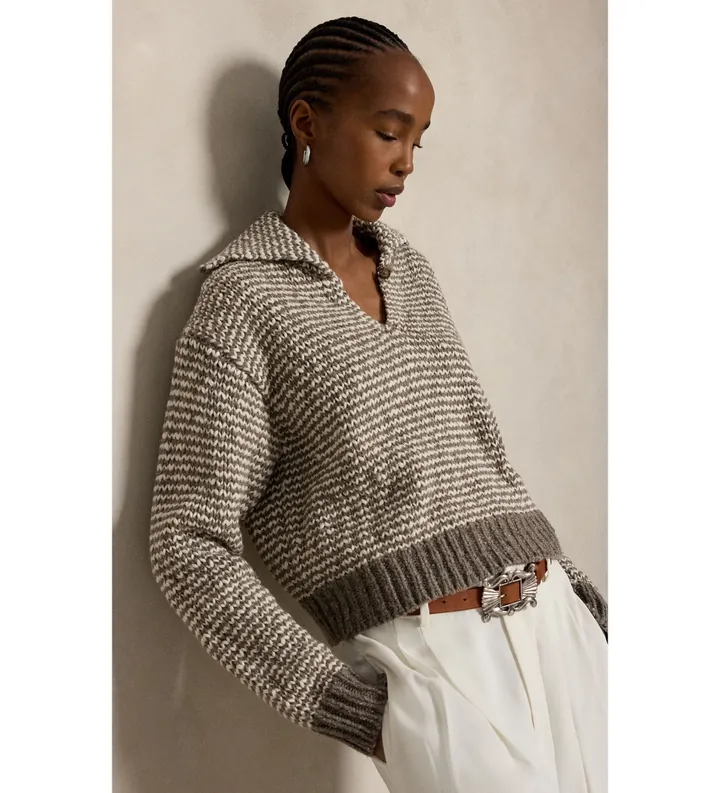 Polo Ralph Lauren para mujer. 211B17754001 Jersey de mezcla de algodón con rayas marrón (M), Casual, Manga larga